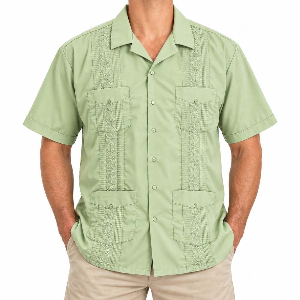 Omega Shirt Mens XL Green Embroidered Guayabera Short Sleeve Button-Up Casual